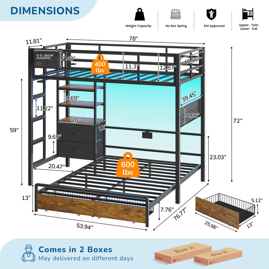 Black Twin Over Full Bunk Bed with Storage Drawers and Bookshelf S522