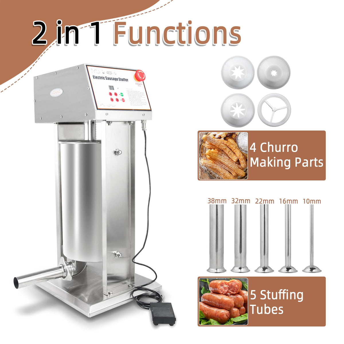 30LB Stainless Steel Electric Sausage Stuffer with 5 Stuffing Tubes C818740