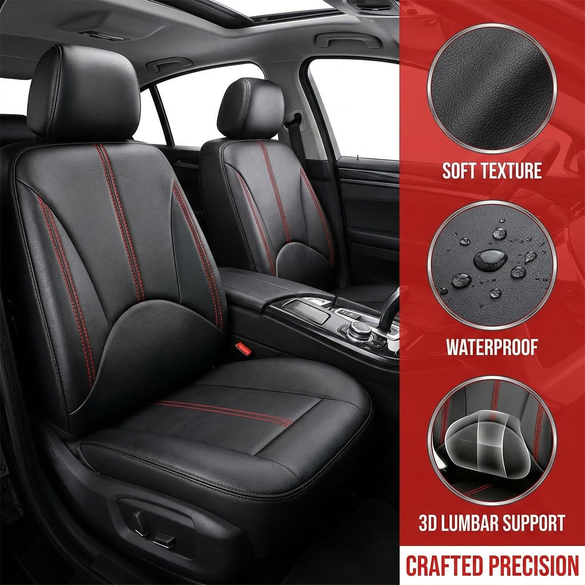 Black Red Leather Car Seat Cover Full Set S463778
