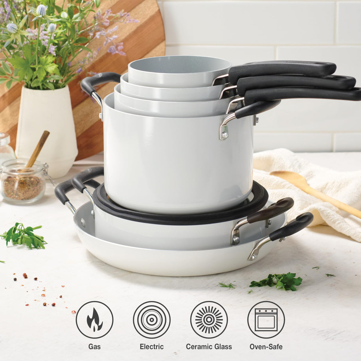 Ceramic Non Stick 11-Piece Nesting Pots and Pans Set White T88667