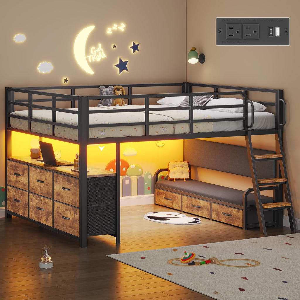 Full Size Low Loft Bed with Desk and 9 Storage Drawers X773