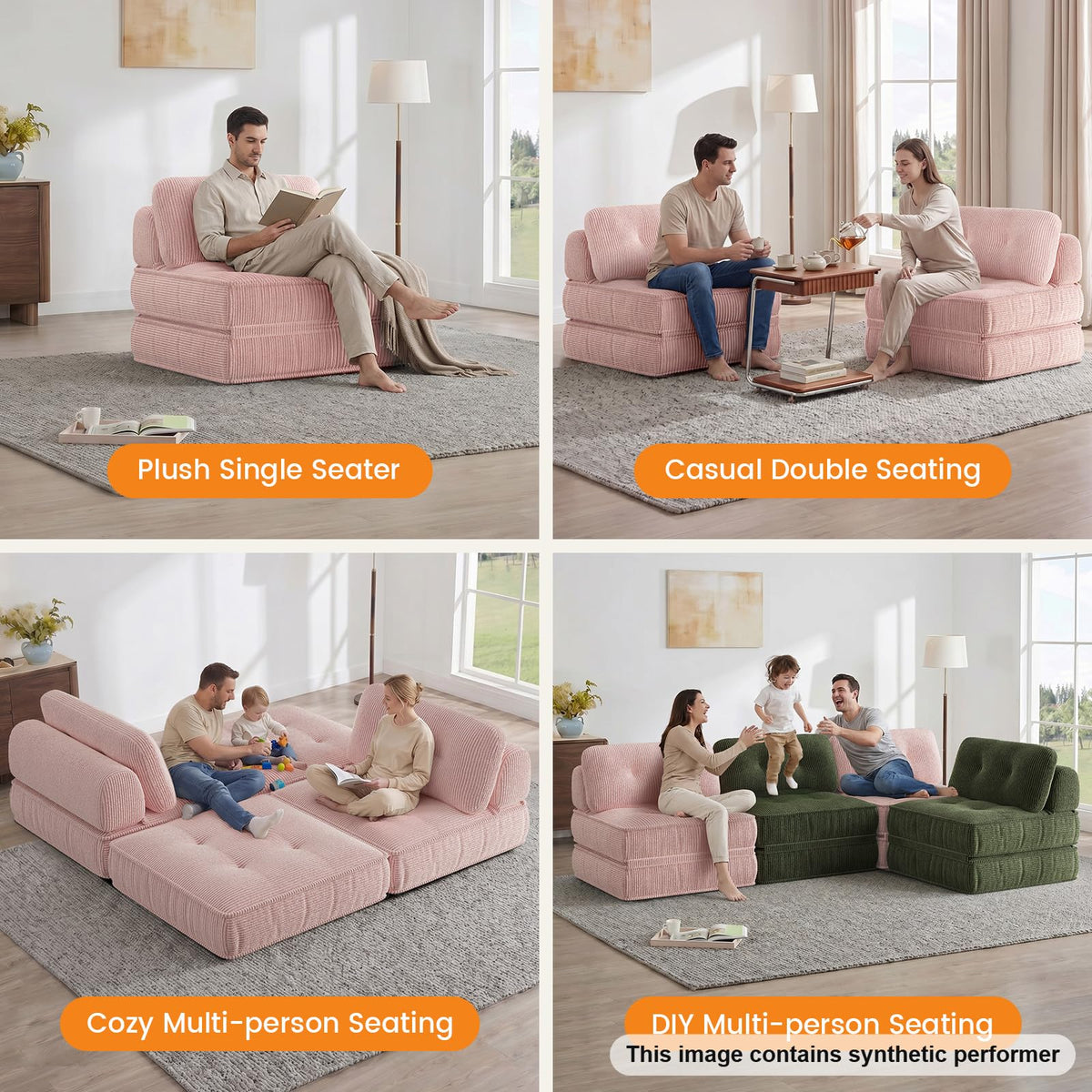 Pink Corduroy 3-in-1 Folding Sofa Bed with Memory Foam Q257704