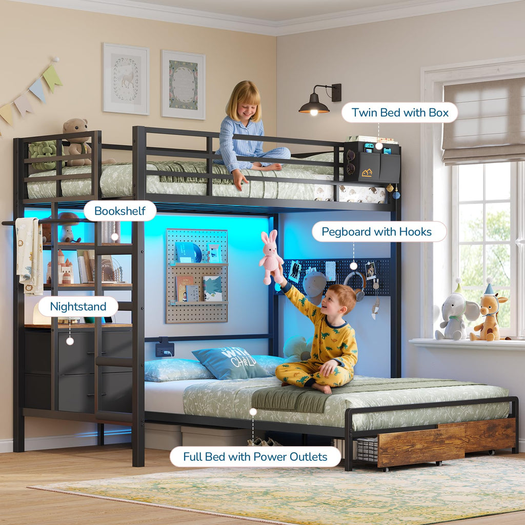 Black Twin Over Full Bunk Bed with Storage Drawers and Bookshelf S522