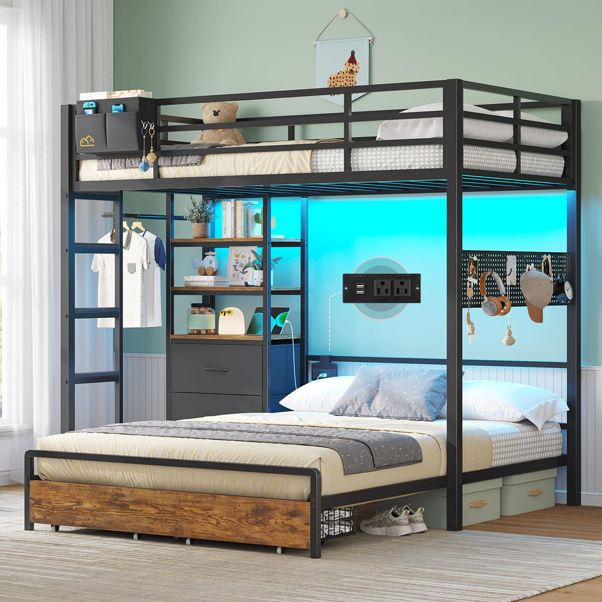 Black Twin Over Full Bunk Bed with Storage Drawers and Bookshelf S522