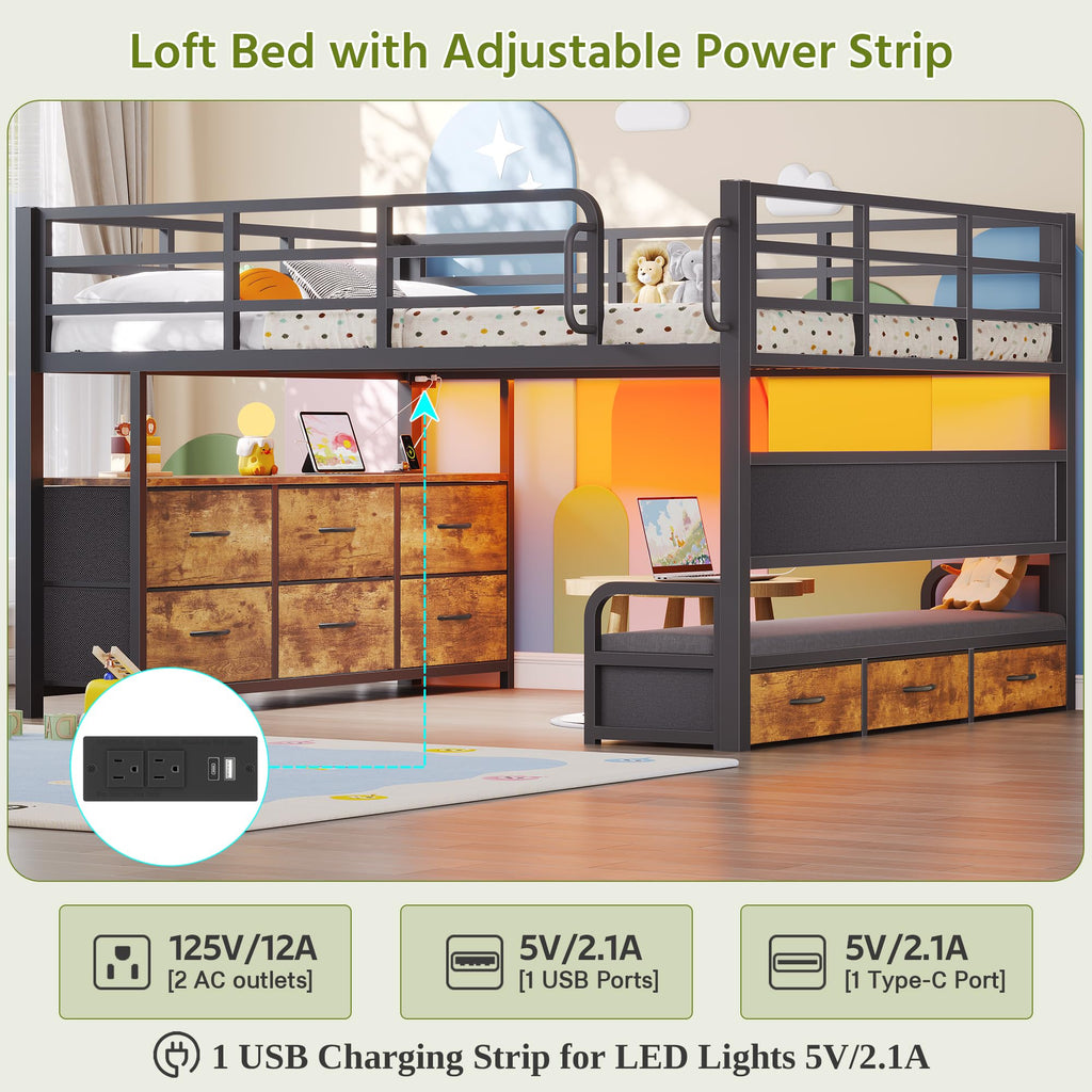 Full Size Low Loft Bed with Desk and 9 Storage Drawers X773