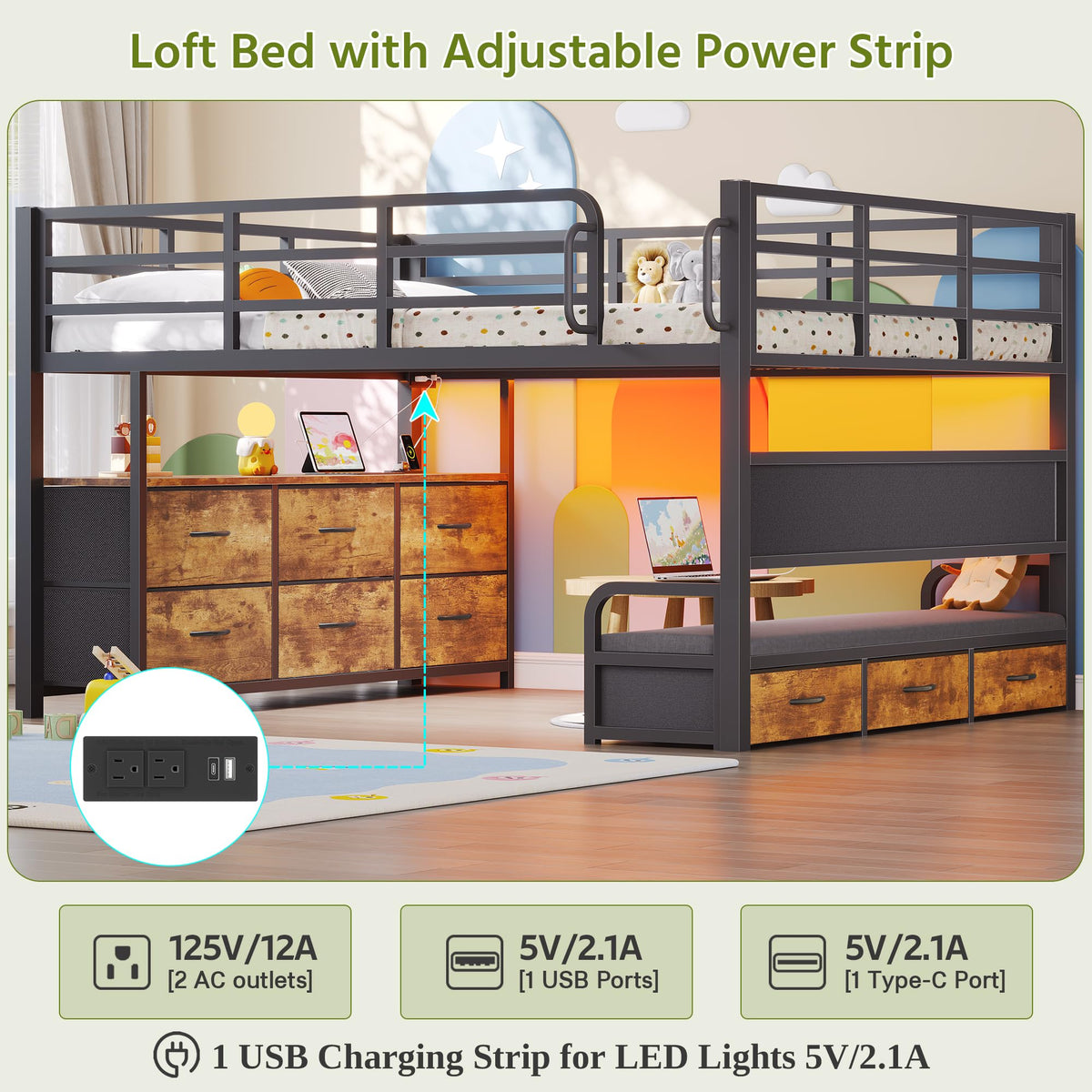 Full Size Low Loft Bed with Desk and 9 Storage Drawers X773