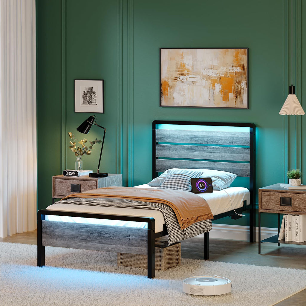 Twin Bed Frame Set of 2 with LED Headboard and USB Charging Station Y124202