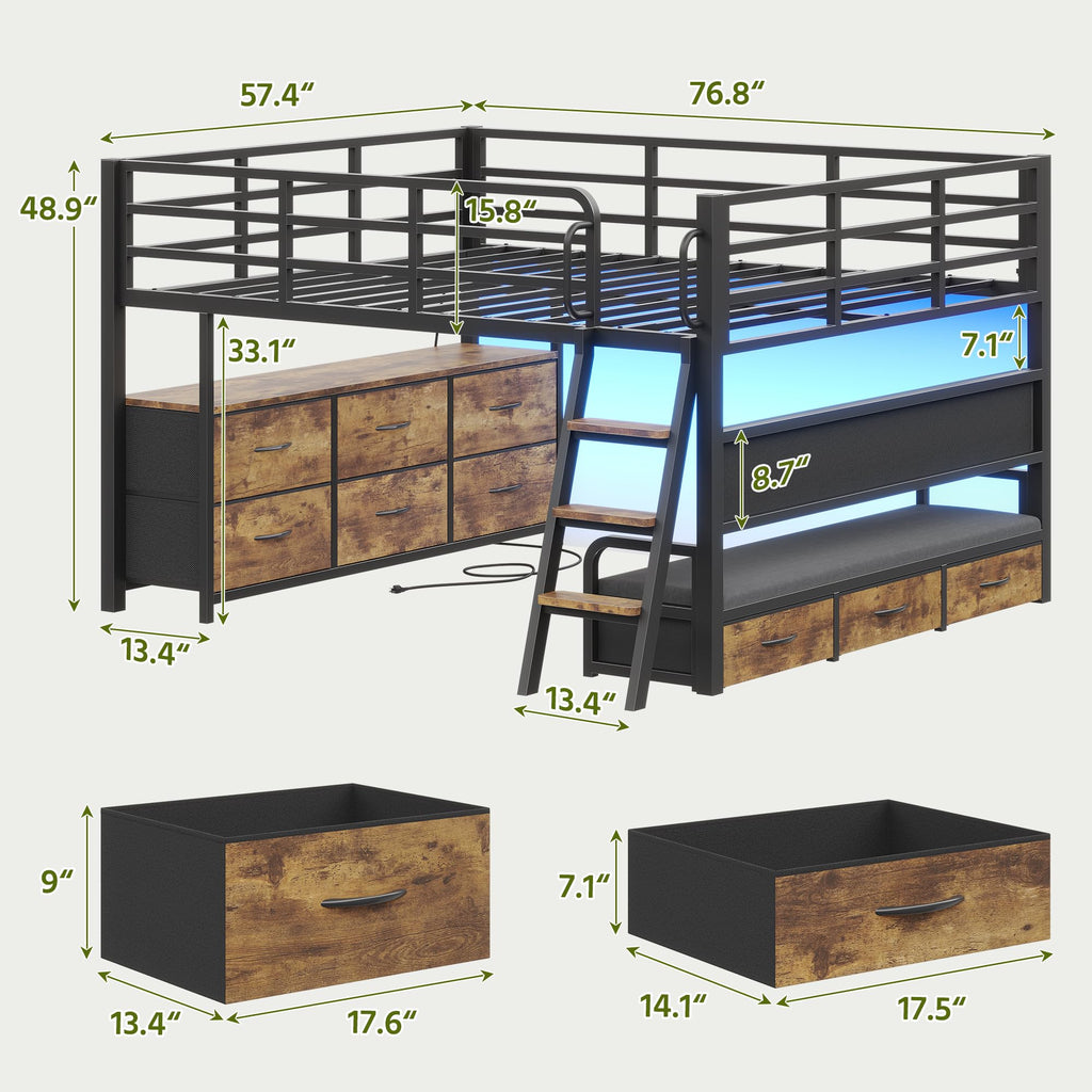 Full Size Low Loft Bed with Desk and 9 Storage Drawers X773