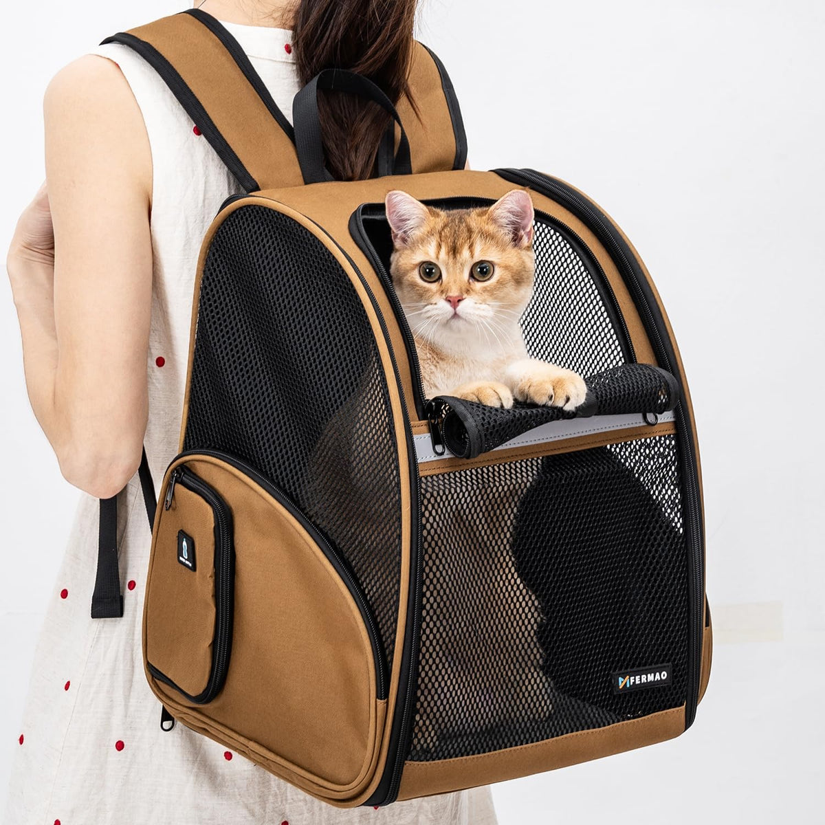 Brown Collapsible Pet Carrier Backpack with Ventilated Mesh M7864