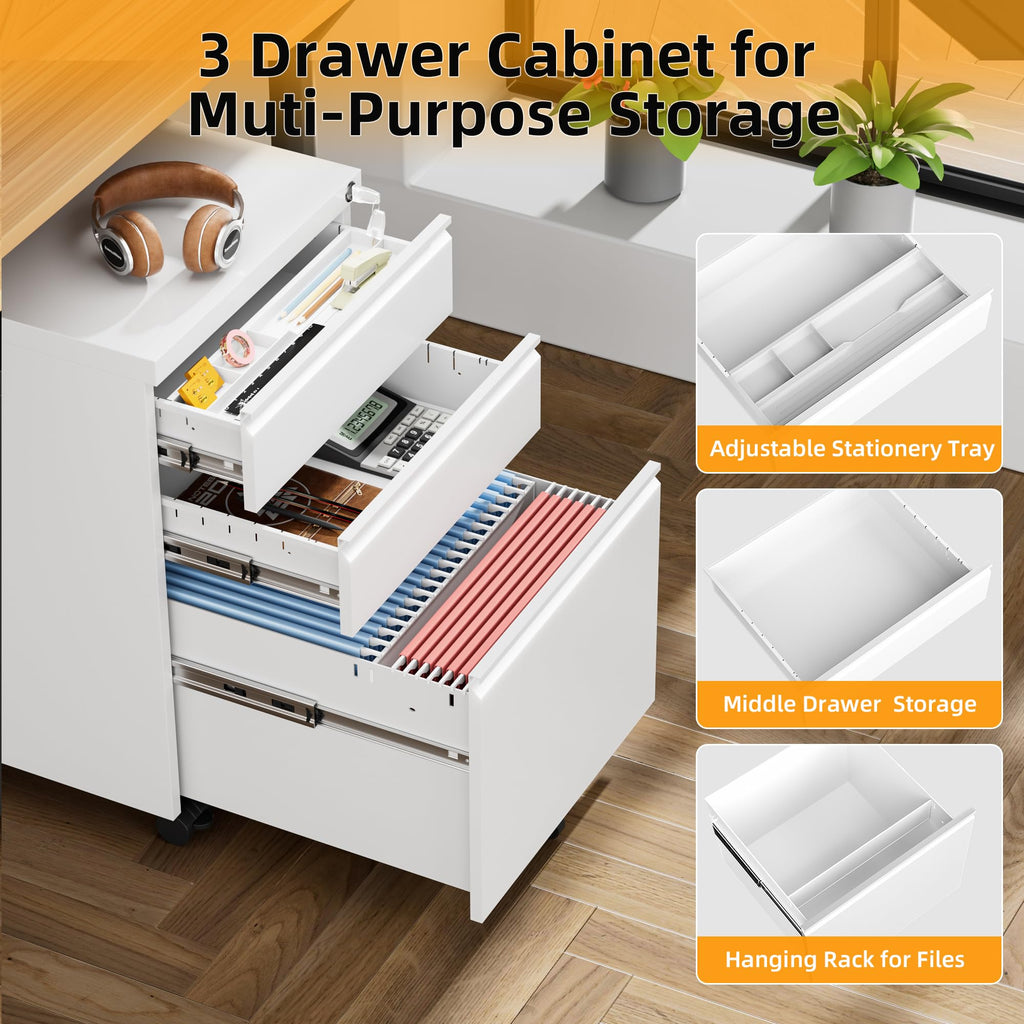 White 3 Drawer Filing Cabinet with Lock G14826