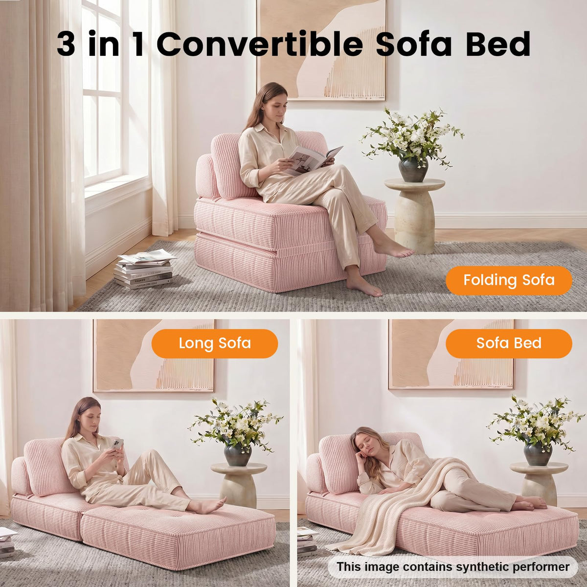 Pink Corduroy 3-in-1 Folding Sofa Bed with Memory Foam Q257704