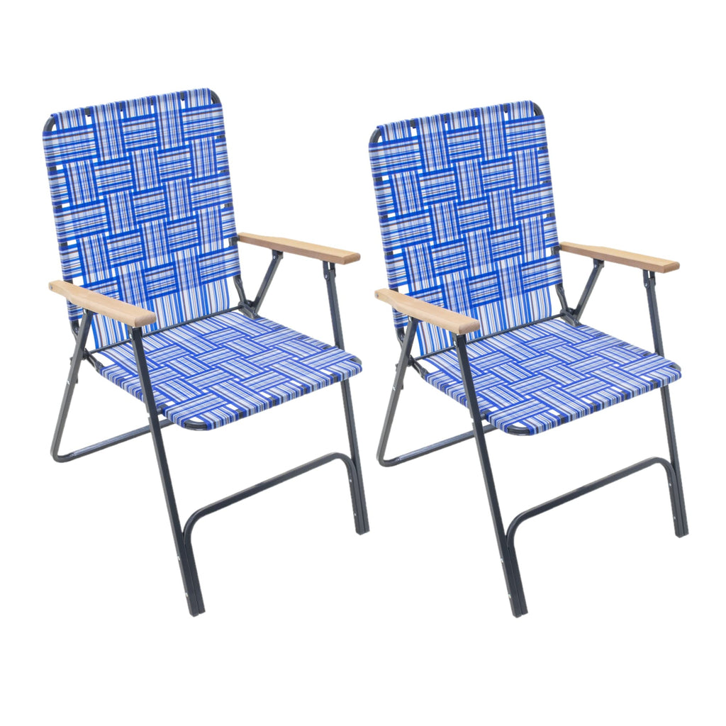 Folding Patio & Lawn Chairs Steel Frame Blue Woven Fabric Wooden Armrests Pack of 2 S982