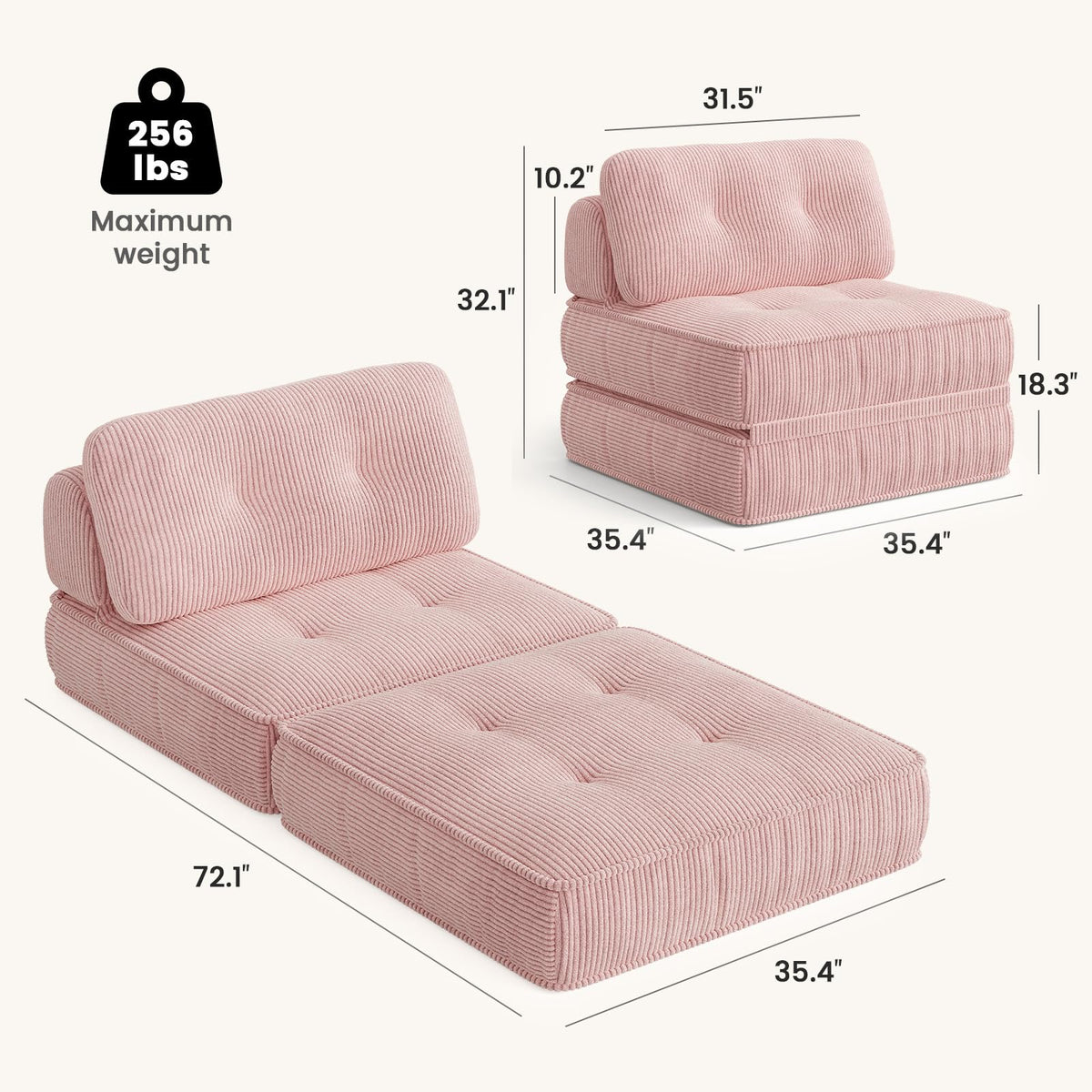 Pink Corduroy 3-in-1 Folding Sofa Bed with Memory Foam Q257704