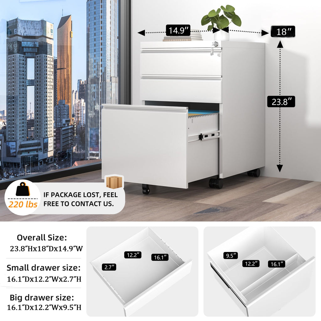 White 3 Drawer Filing Cabinet with Lock G14826