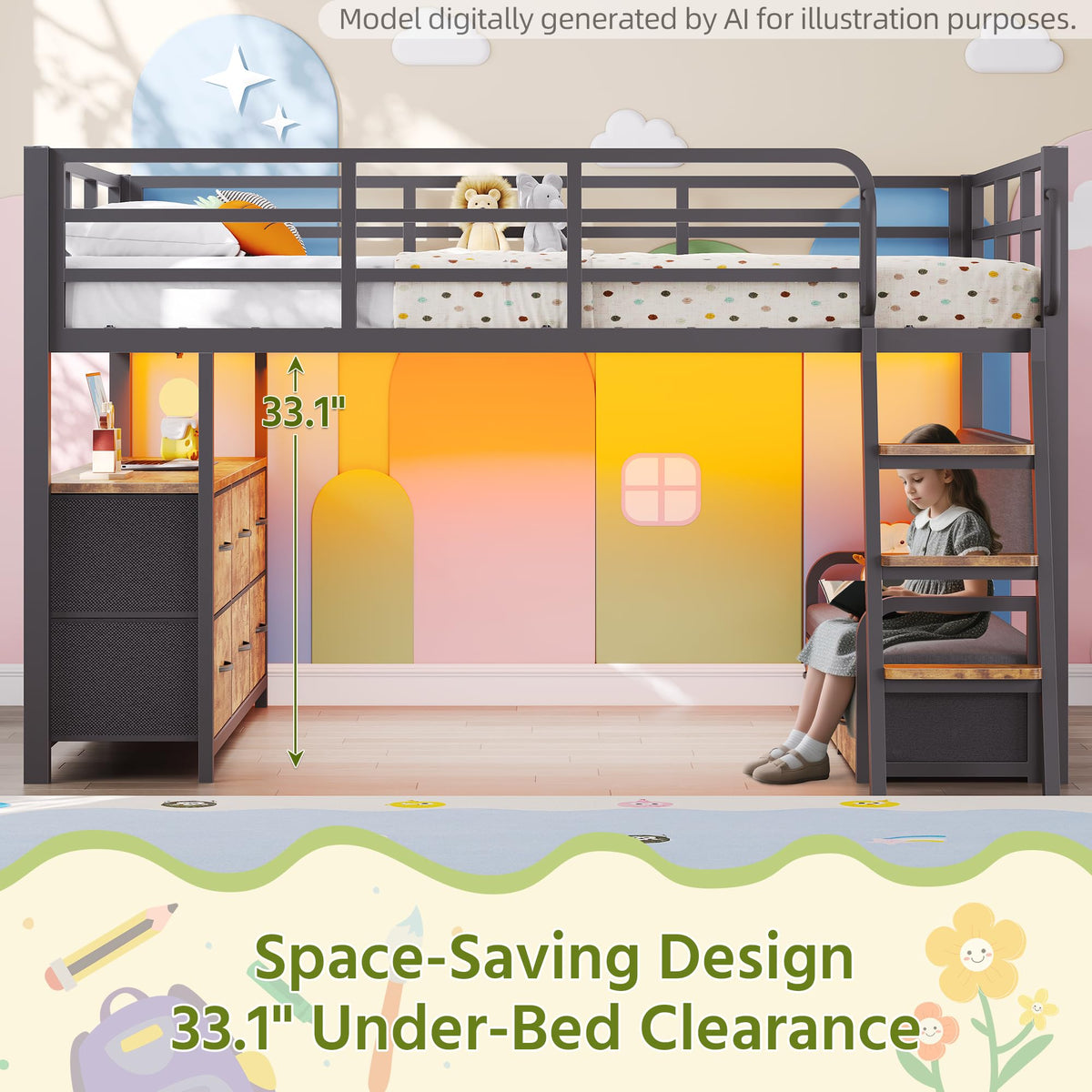 Full Size Low Loft Bed with Desk and 9 Storage Drawers X773