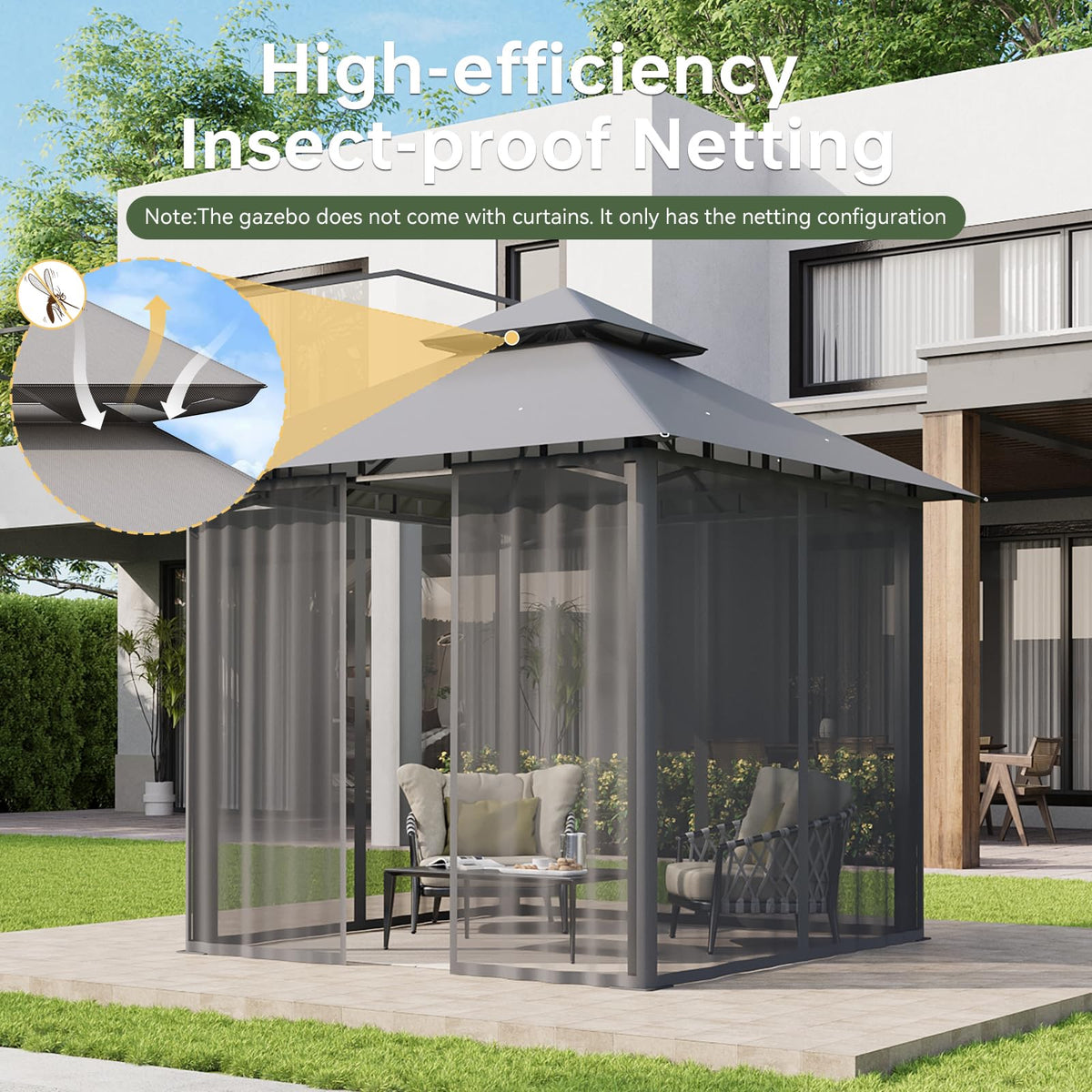 8'x8' Gray Gazebo with Double Roof & Mosquito Netting Y92653