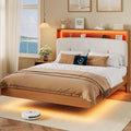 Full Size Floating Bed Frame with LED Light and Charging Station L6121