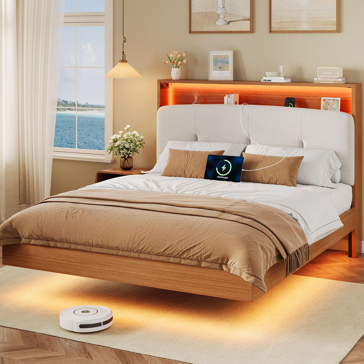 Full Size Floating Bed Frame with LED Light and Charging Station L6121