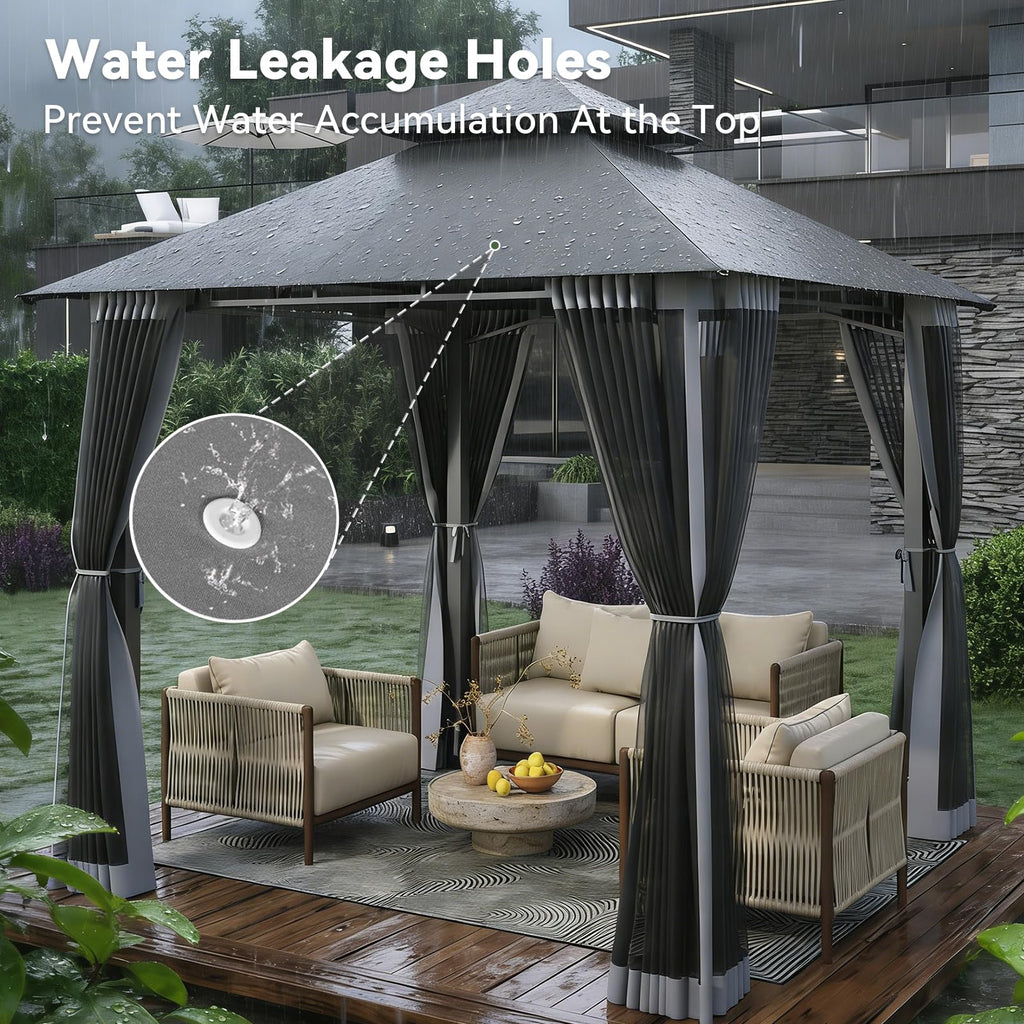 8'x8' Gray Gazebo with Double Roof & Mosquito Netting Y92653