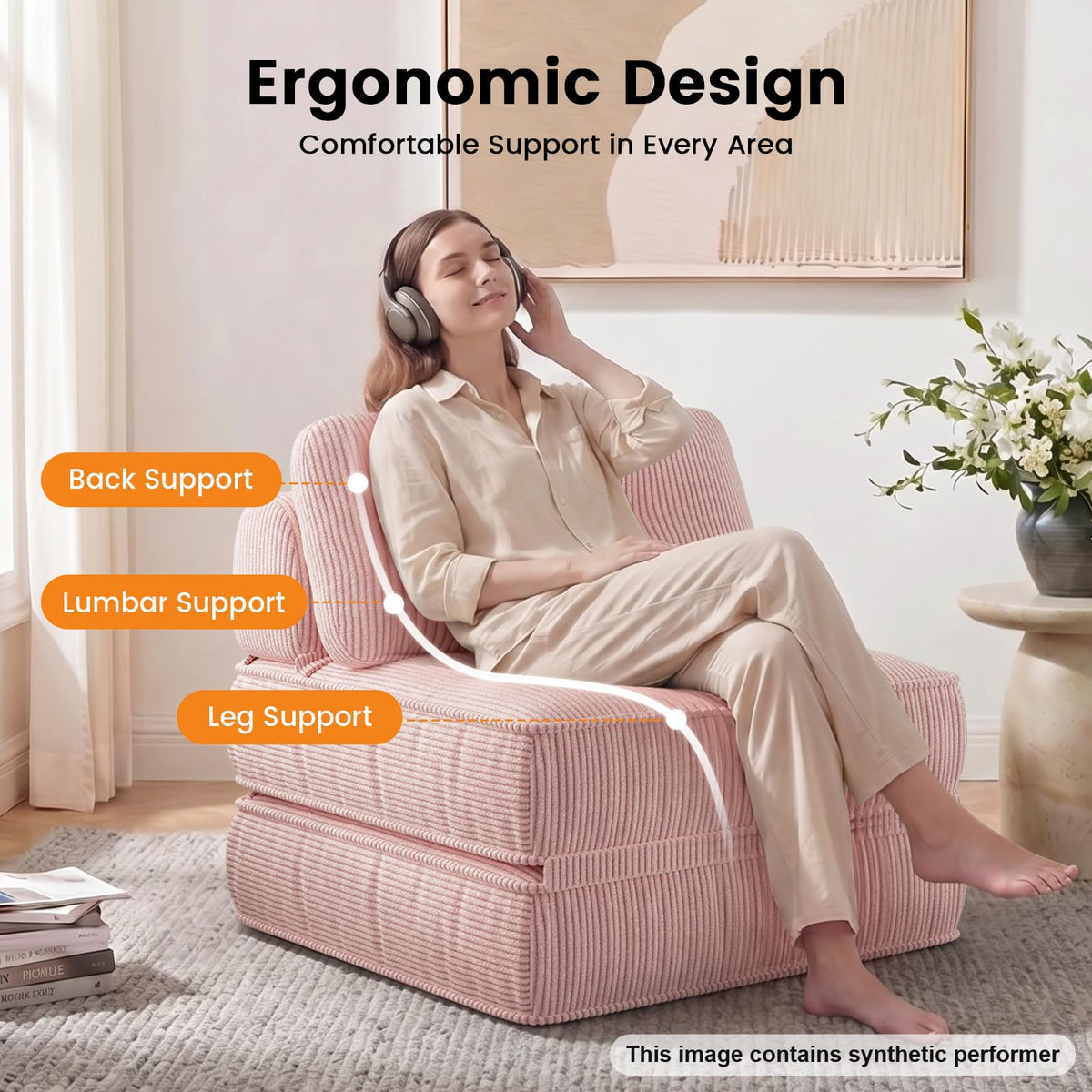 Pink Corduroy 3-in-1 Folding Sofa Bed with Memory Foam Q257704