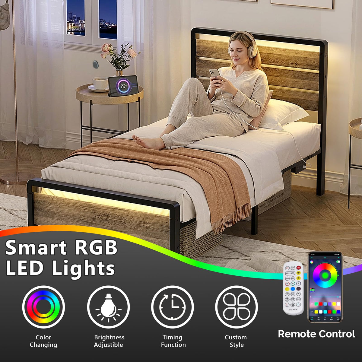 Twin Bed Frame Set of 2 with LED Headboard and USB Charging Station Y124202
