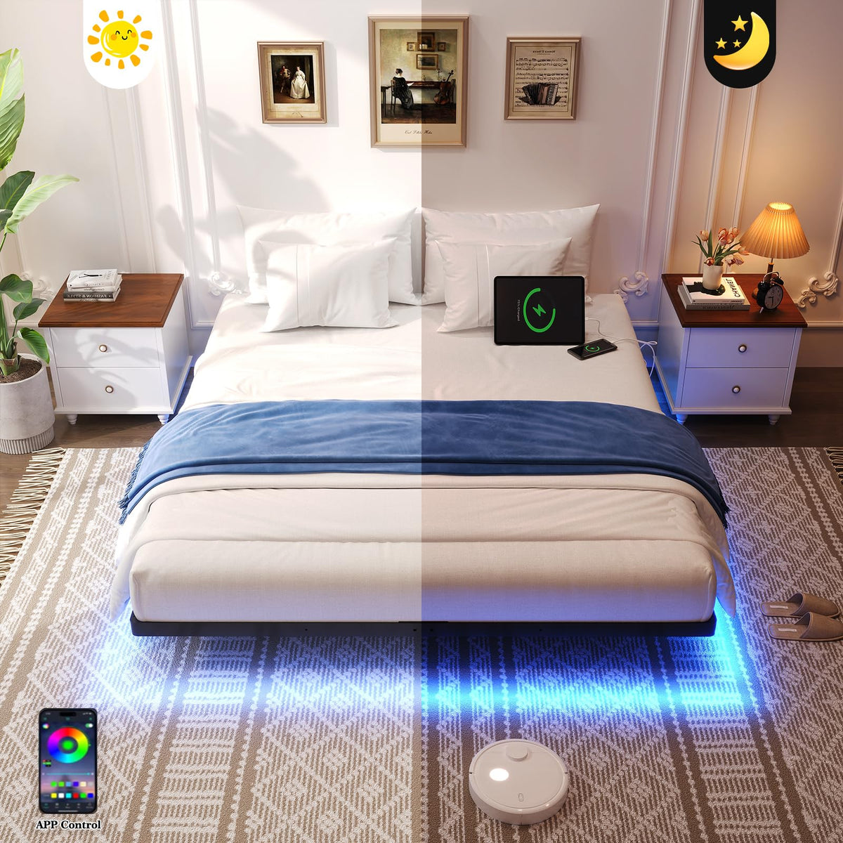 Full Size Metal Floating Bed Frame with LED Lights L1694