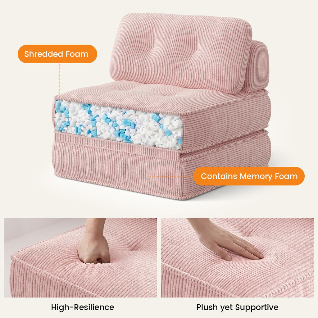 Pink Corduroy 3-in-1 Folding Sofa Bed with Memory Foam Q257704