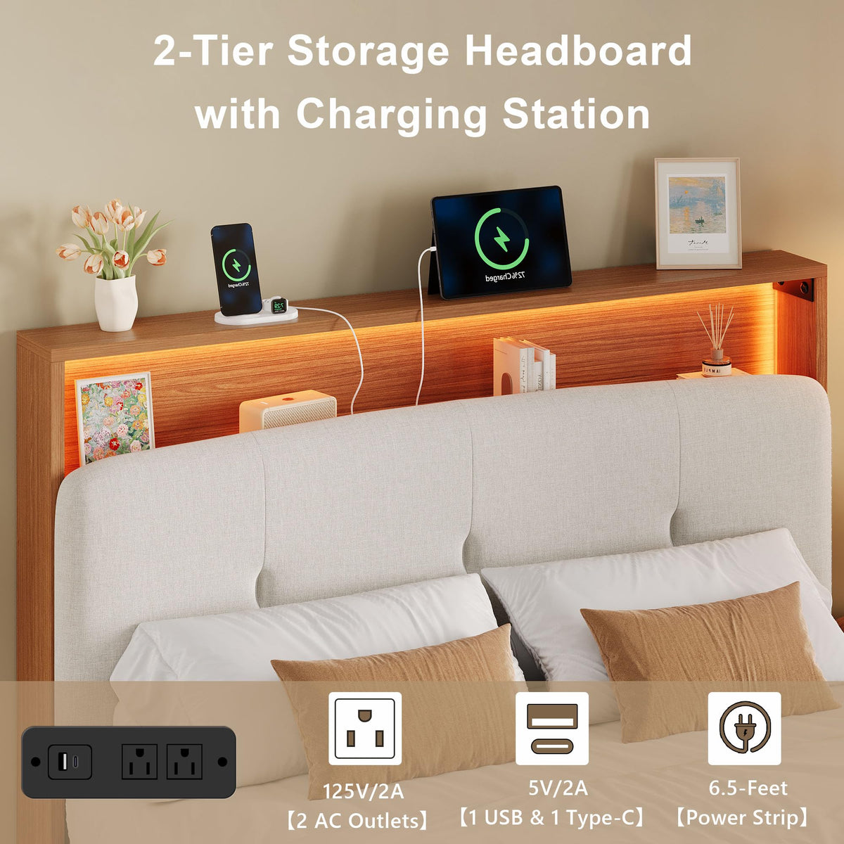 Full Size Floating Bed Frame with LED Light and Charging Station L6121
