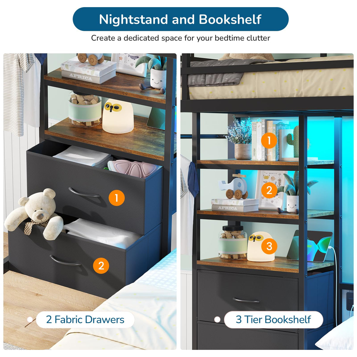 Black Twin Over Full Bunk Bed with Storage Drawers and Bookshelf S522