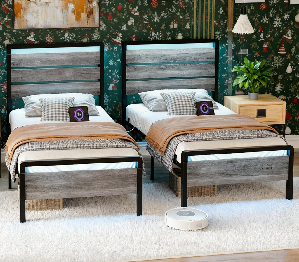 Twin Bed Frame Set of 2 with LED Headboard and USB Charging Station Y124202