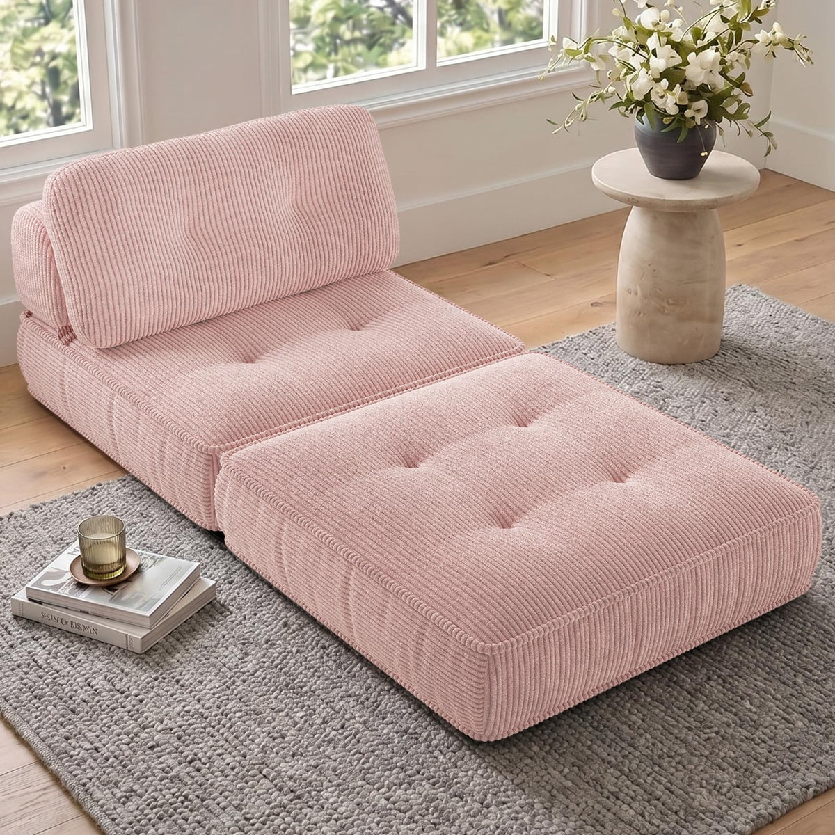 Pink Corduroy 3-in-1 Folding Sofa Bed with Memory Foam Q257704