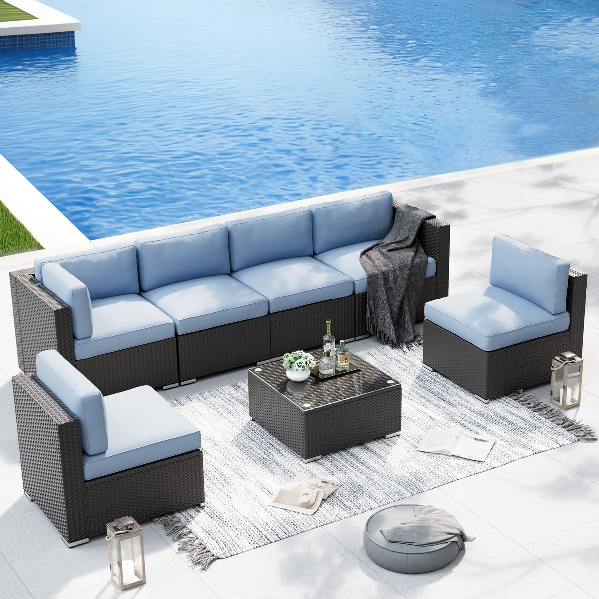 7-Piece All-Weather Wicker Patio Sofa Set with Glass Coffee Table A7540