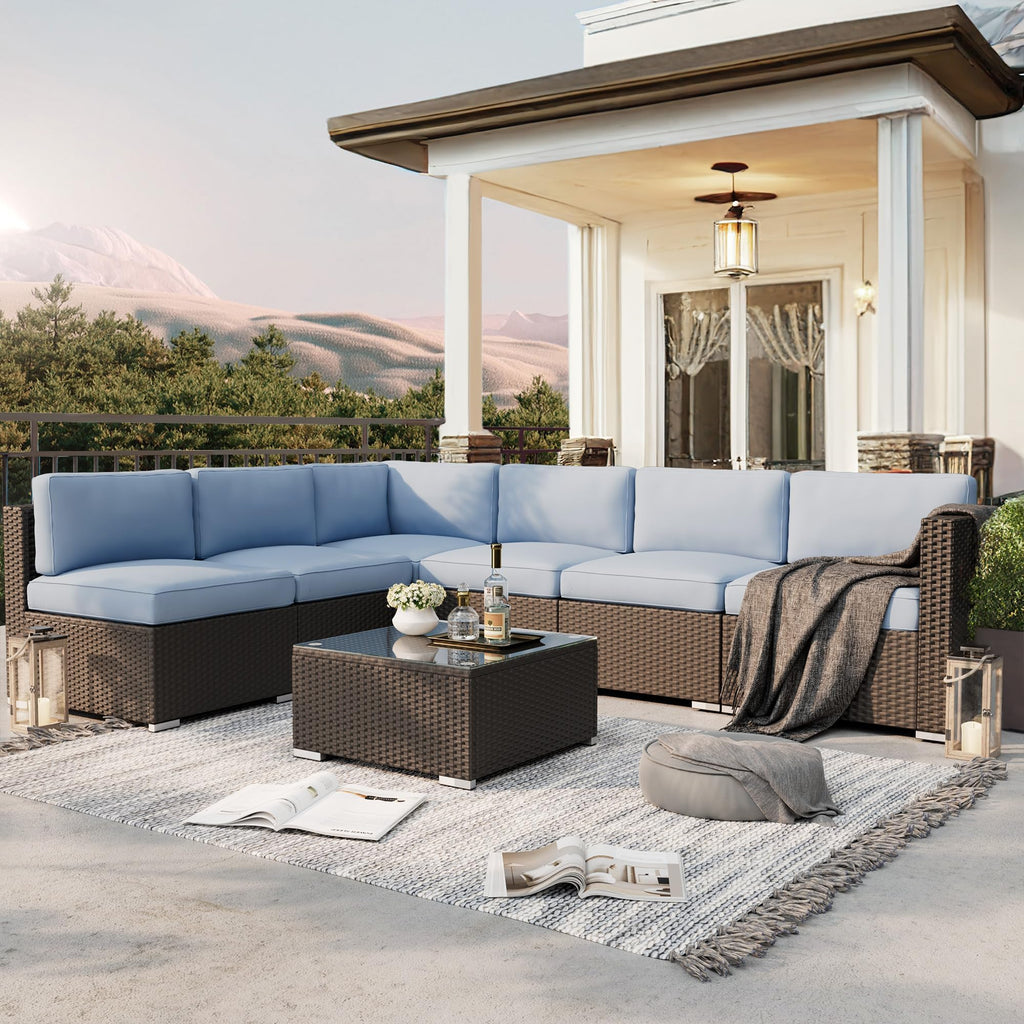 7-Piece All-Weather Wicker Patio Sofa Set with Glass Coffee Table A7540