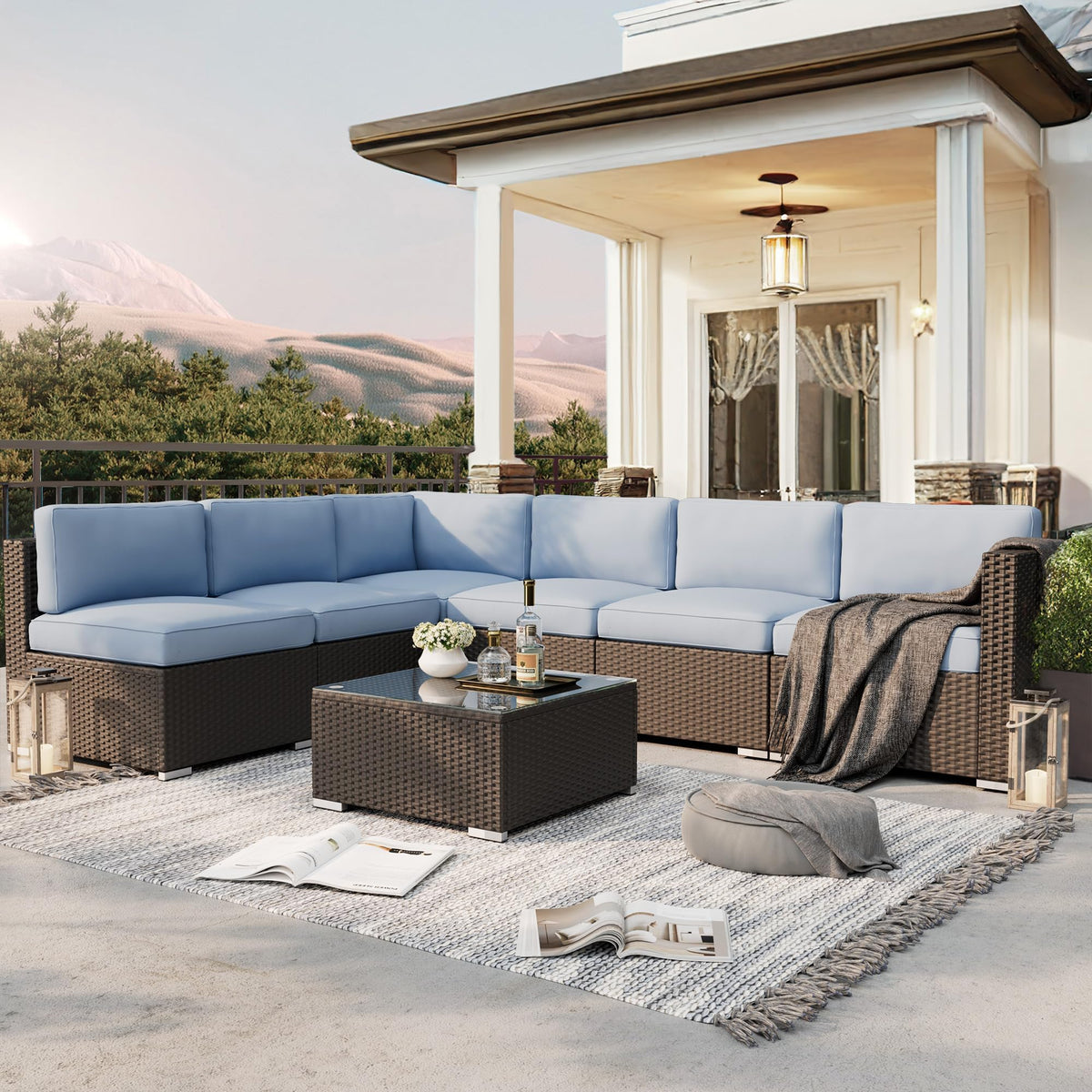 7-Piece All-Weather Wicker Patio Sofa Set with Glass Coffee Table A7540