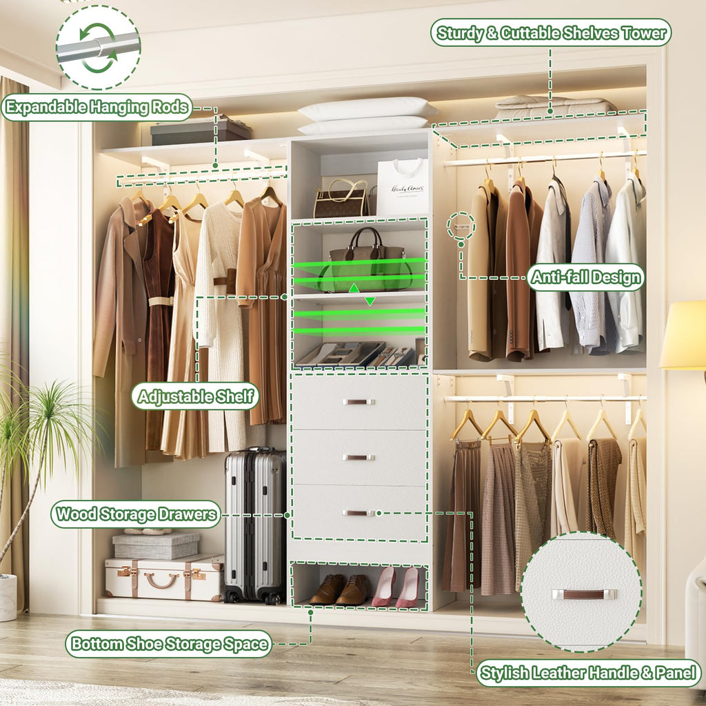 8FT White Wood Closet Organizer System with Drawer D4111