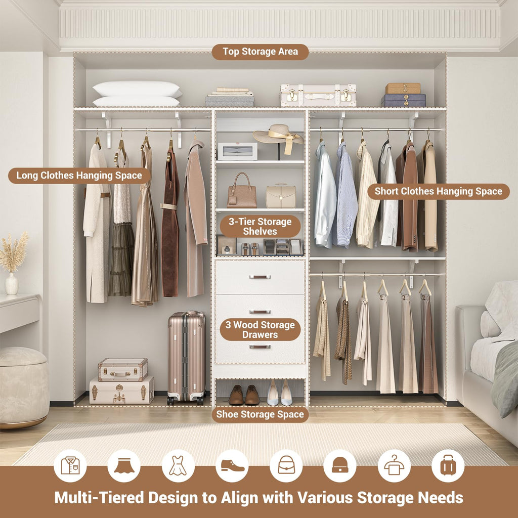 8FT White Wood Closet Organizer System with Drawer D4111