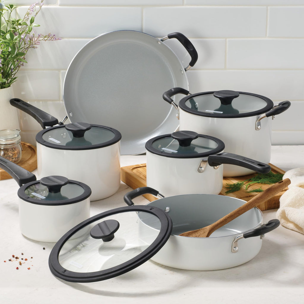 Ceramic Non Stick 11-Piece Nesting Pots and Pans Set White T88667