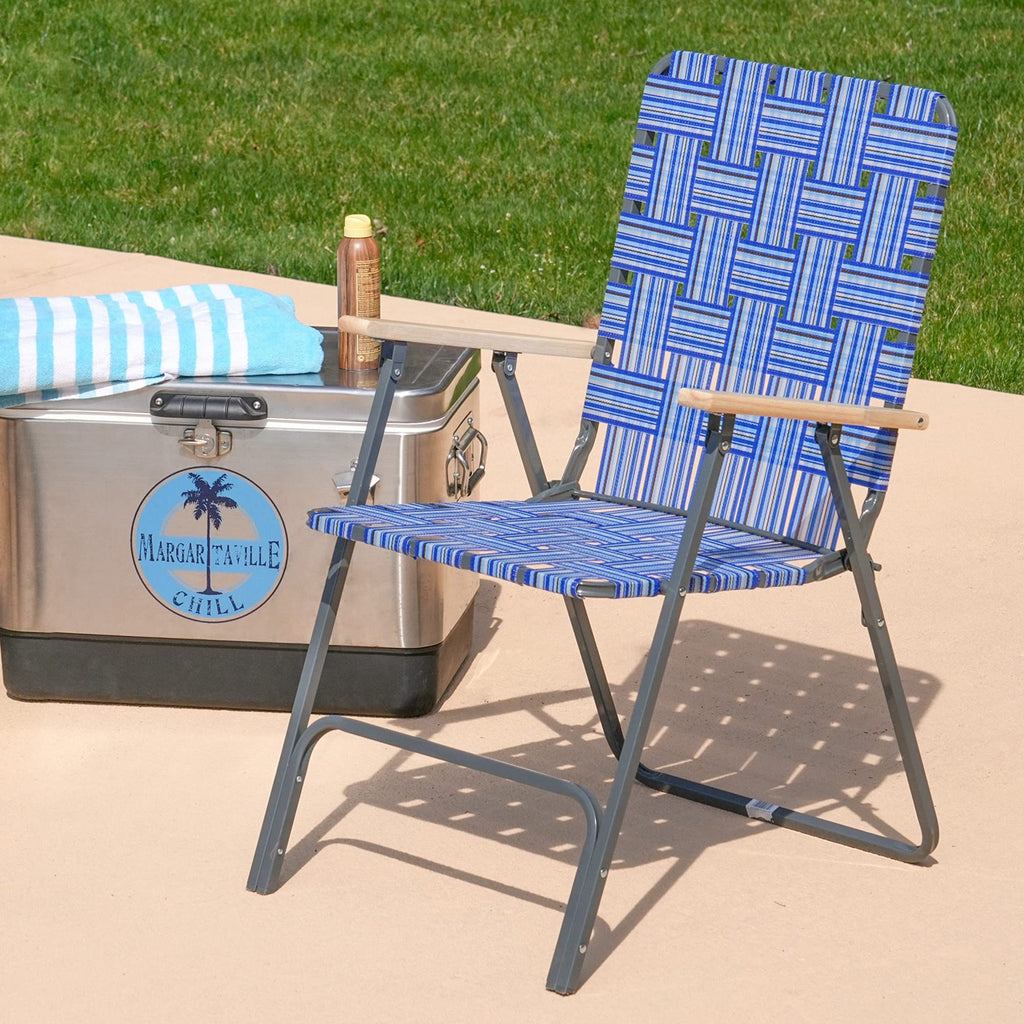 Folding Patio & Lawn Chairs Steel Frame Blue Woven Fabric Wooden Armrests Pack of 2 S982