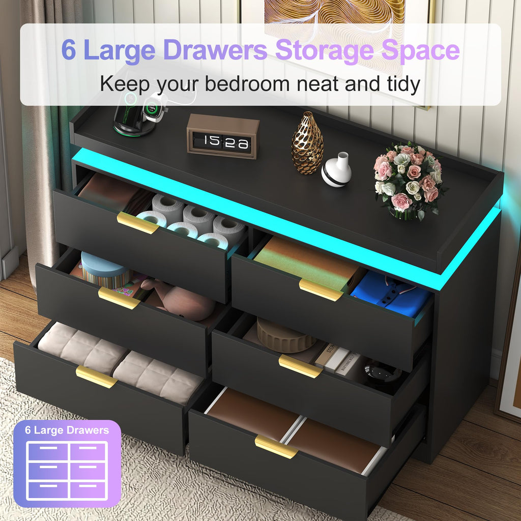 Black 6 Drawer Wood Dresser with LED Lights and Power Outlet L454