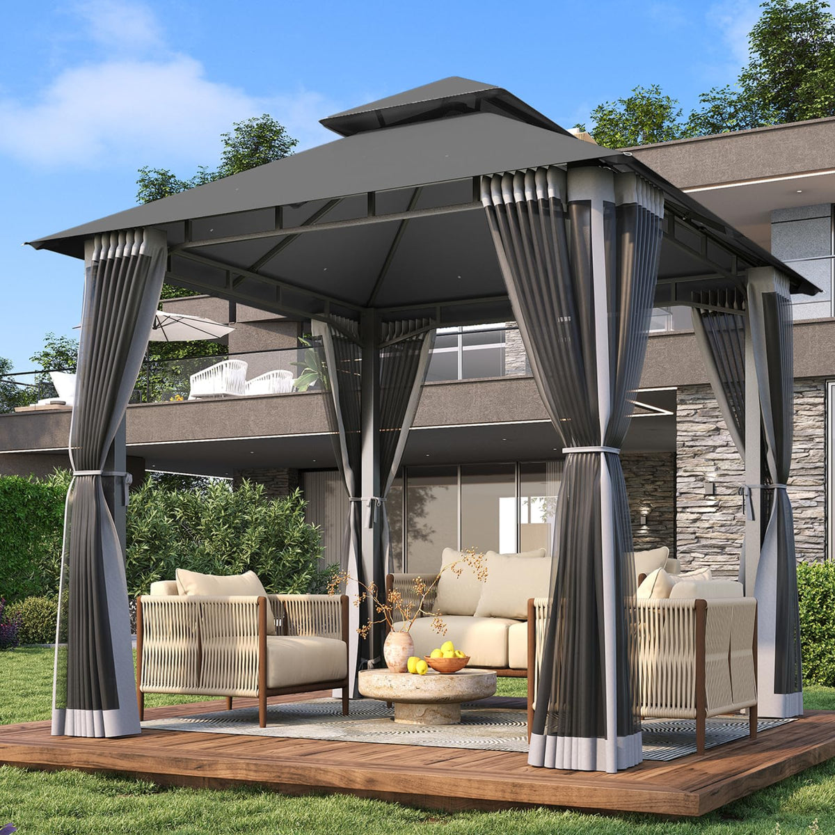 8'x8' Gray Gazebo with Double Roof & Mosquito Netting Y92653