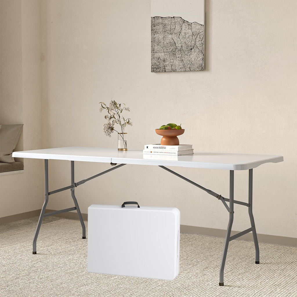 6FT White Folding Picnic Table with Carrying Handle E65327