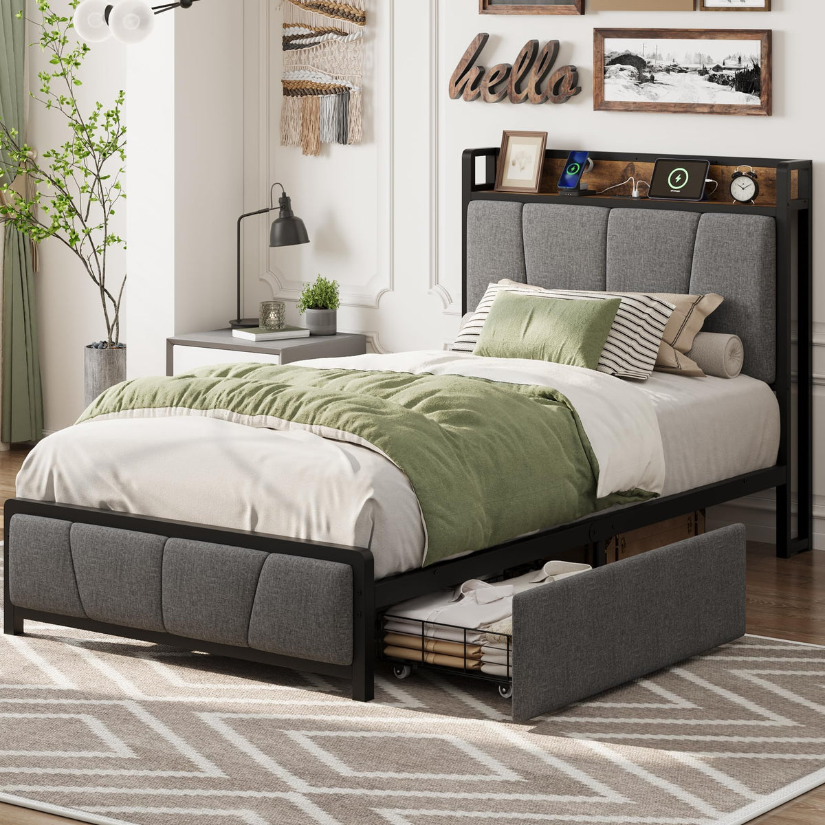 Gray Twin Size Bed Frame with 2 Drawers O696