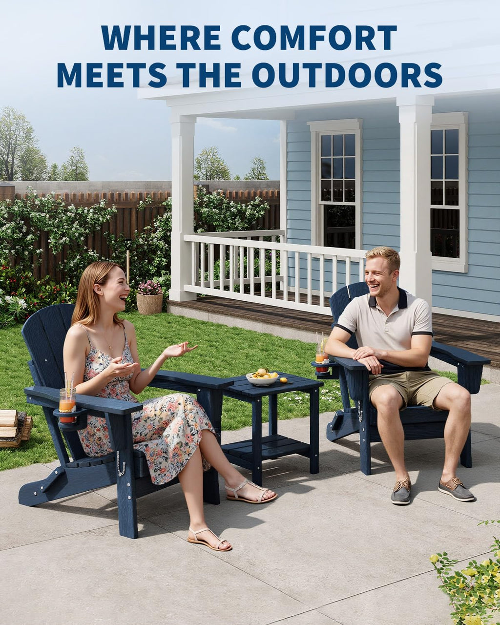 Navy Blue HDPE Folding Adirondack Chair Set of 6 with Cup Holder R832833
