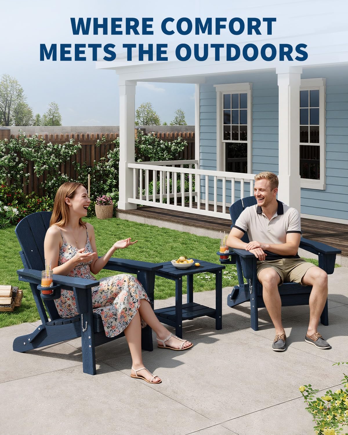 Navy Blue HDPE Folding Adirondack Chair Set of 6 with Cup Holder R832833