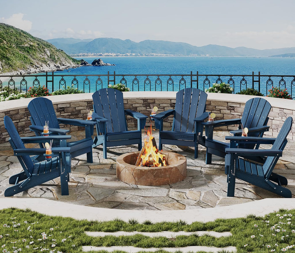 Navy Blue HDPE Folding Adirondack Chair Set of 6 with Cup Holder R832833