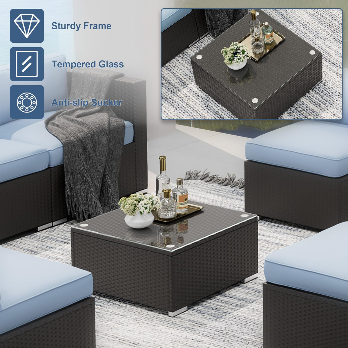 7-Piece All-Weather Wicker Patio Sofa Set with Glass Coffee Table A7540