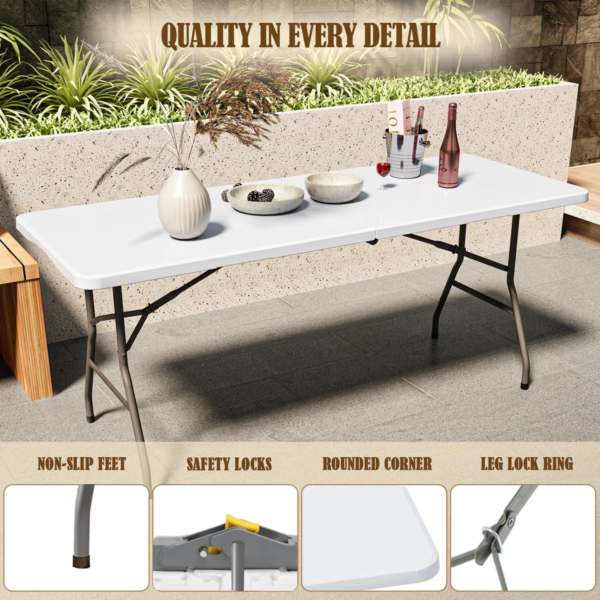 6FT White Folding Picnic Table with Carrying Handle E65327