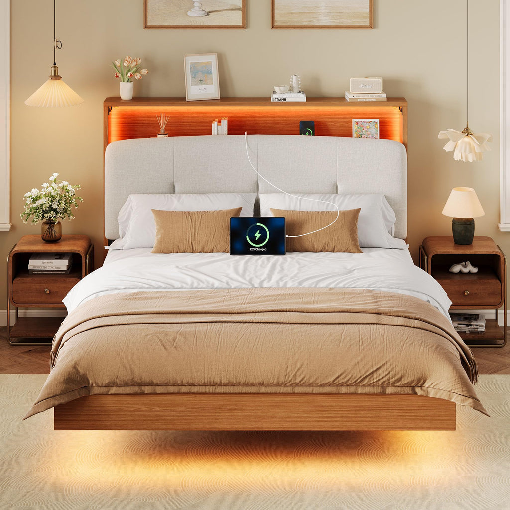 Full Size Floating Bed Frame with LED Light and Charging Station L6121