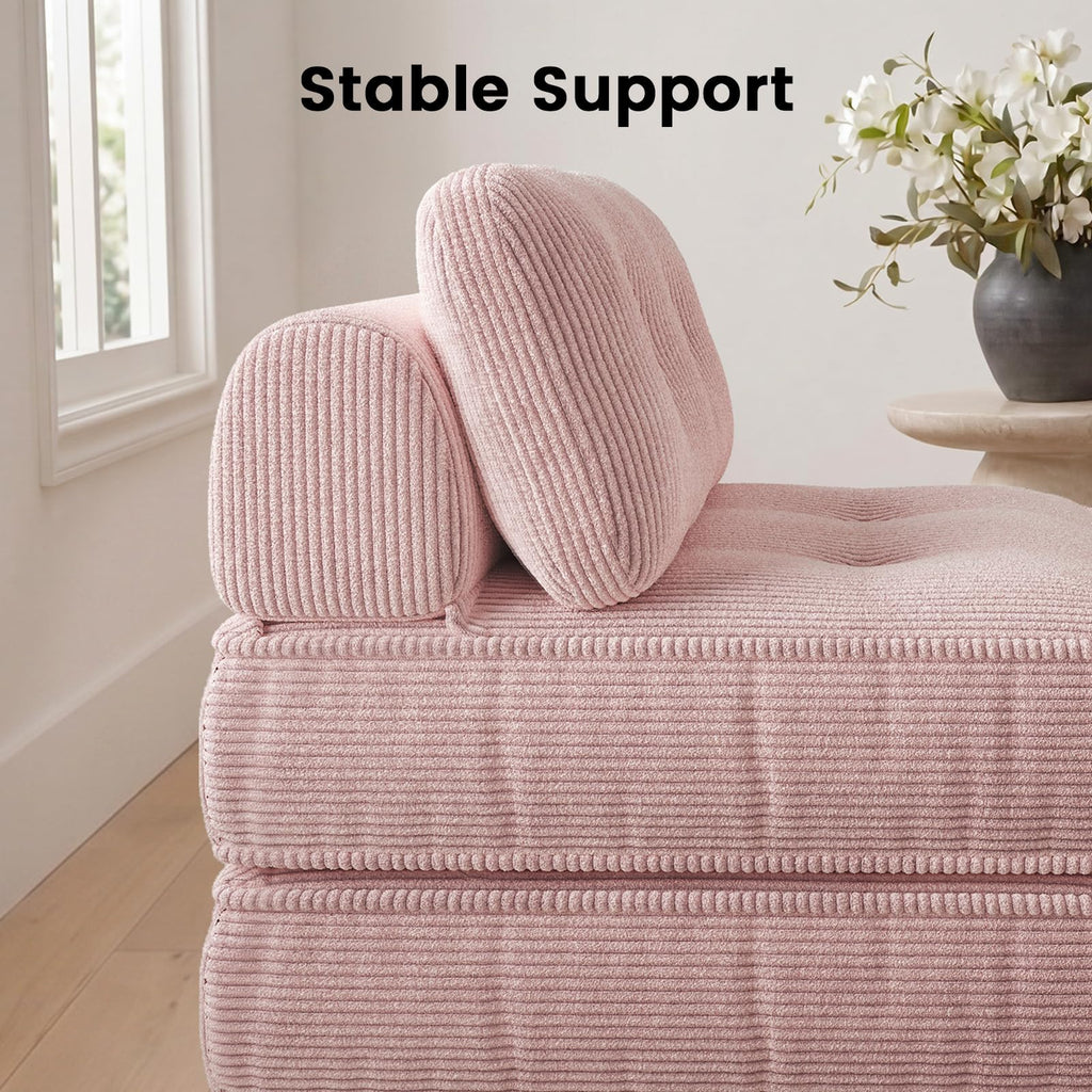 Pink Corduroy 3-in-1 Folding Sofa Bed with Memory Foam Q257704
