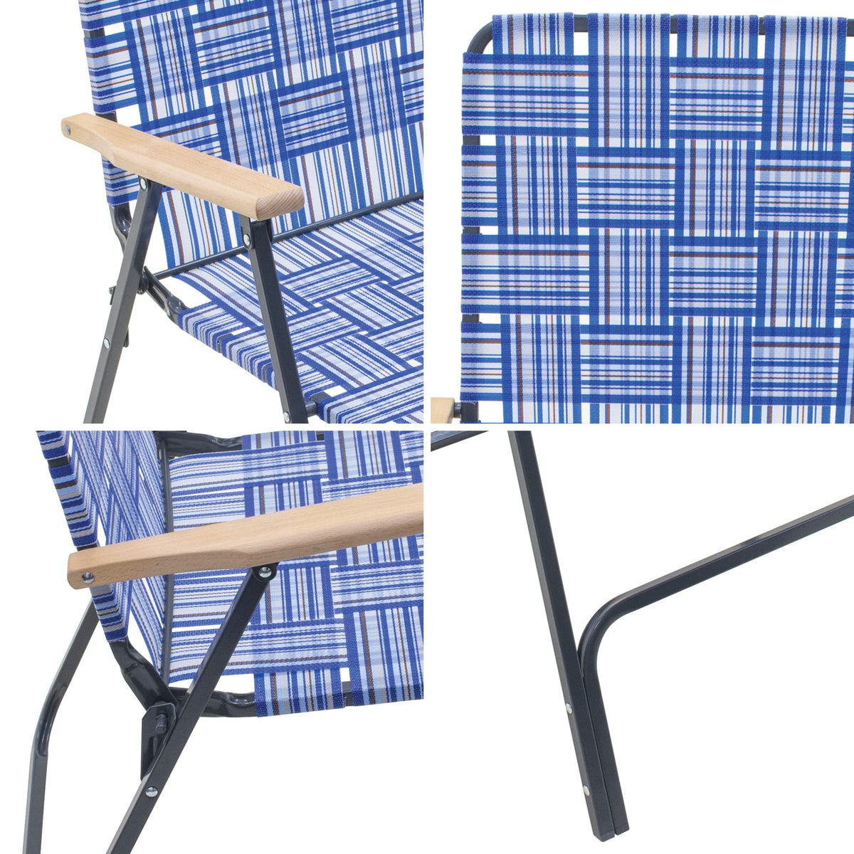 Folding Patio & Lawn Chairs Steel Frame Blue Woven Fabric Wooden Armrests Pack of 2 S982